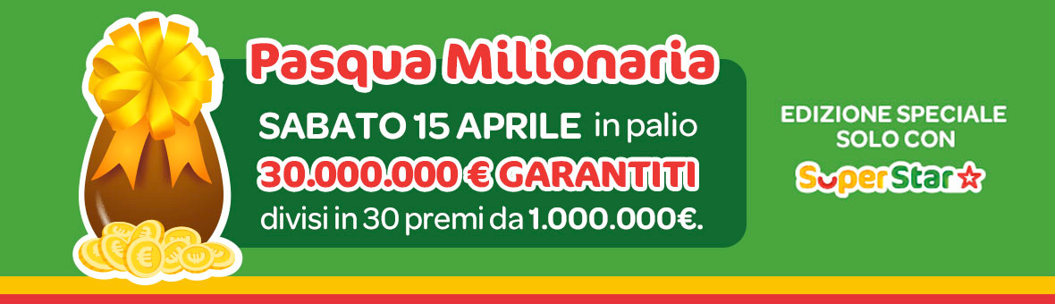 A Pasqua l’appuntamento è con la Super Fortuna! Al via l’iniziativa speciale “Pasqua Milionaria” di SuperEnalotto SuperStar: 30 premi garantiti da 1 milione di euro verranno assegnati il 15 aprile 2017.